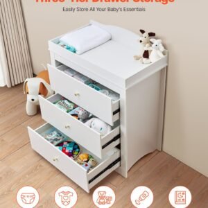 changing table dresser, baby diaper change station with 3 drawers, multi functional modern changing table dresser with storage organizer nursery for children's room, white