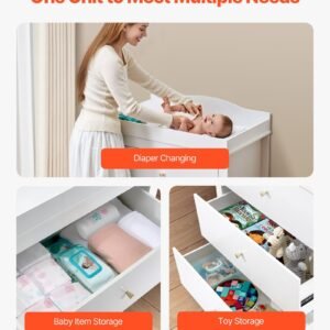 changing table dresser, baby diaper change station with 3 drawers, multi functional modern changing table dresser with storage organizer nursery for children's room, white