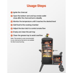 charcoal offset smoker, heavy duty steel bbq offset smoker with side firebox, movable outdoor barbecue smokers with 6 adjustable grates, thermometer & air vents for backyard patio party cooking