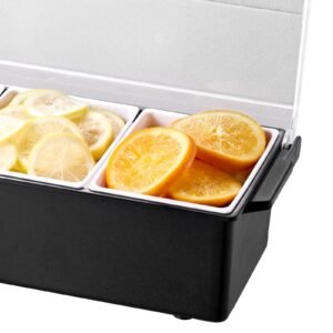 chilled condiment server, 4 compartment ice cooled condiment serving container, chilled garnish tray bar caddy with lid, for bartending & serving taco, salad, fruit, home & restaurant supplies