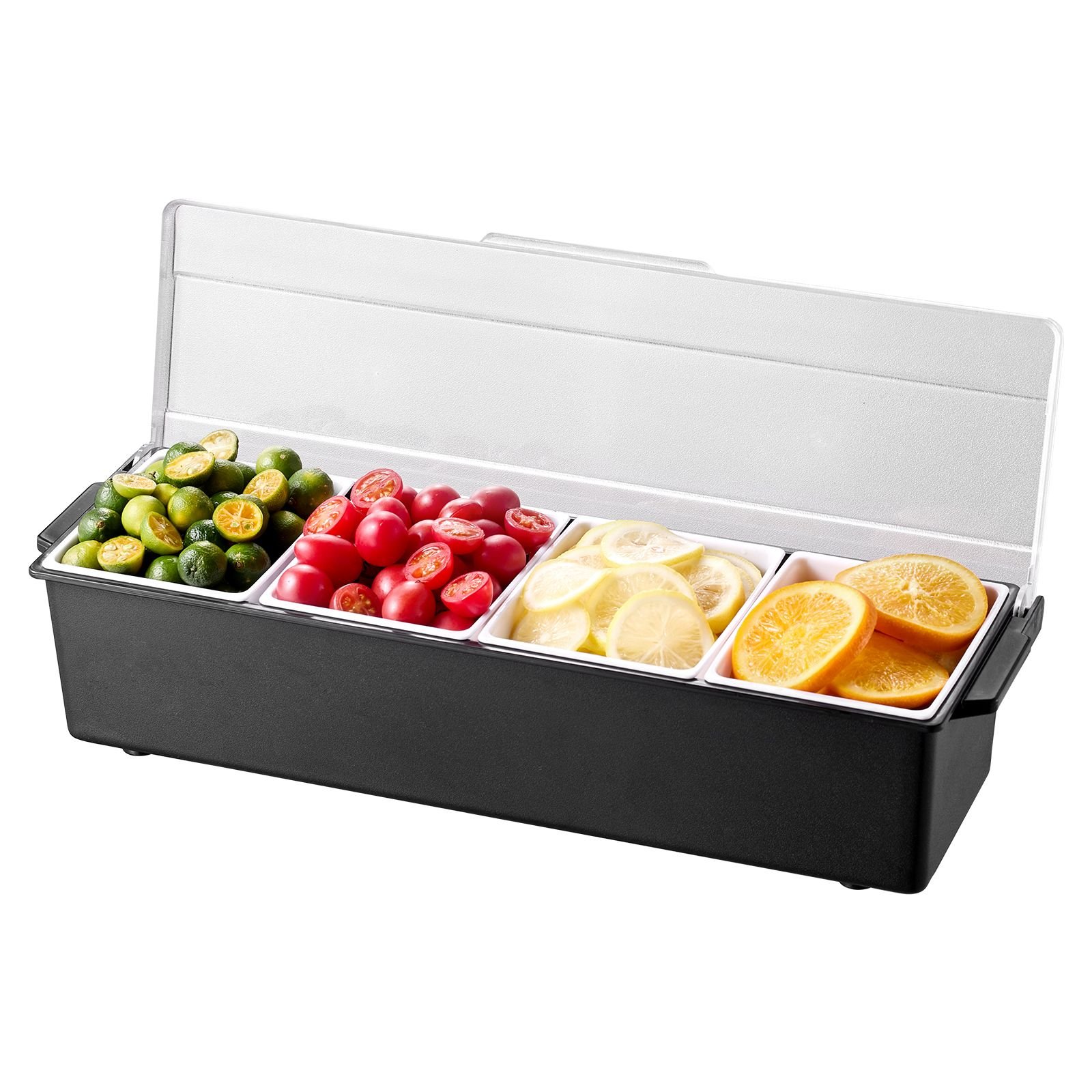 chilled condiment server, 4 compartment ice cooled condiment serving container, chilled garnish tray bar caddy with lid, for bartending & serving taco, salad, fruit, home & restaurant supplies