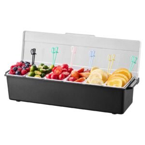 Chilled Condiment Server, 6 Compartment Ice Cooled Condiment Serving Container, Chilled Garnish Tray Bar Caddy with Lid, for Bartending & Serving Taco, Salad, Fruit, Home & Restaurant Supplies