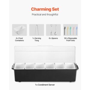 chilled condiment server, 6 compartment ice cooled condiment serving container, chilled garnish tray bar caddy with lid, for bartending & serving taco, salad, fruit, home & restaurant supplies