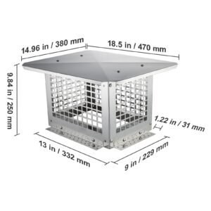 chimney cap, 13 x 9 inch, 304 stainless steel fireplace chimney cover, not easily toppled & practical accessories & easy installation, fits mesh flue covers outside clay flue shingles, silver