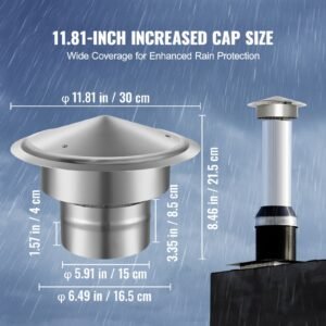 chimney cap, 6 inch, 304 stainless steel round roof rain cap, 11.81 inch increased caps, all weather & reinforced screws & easy installation, for perfect insulation vent cover outside, silver