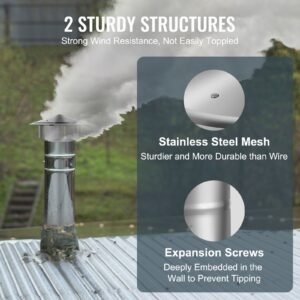 chimney cap, 6 inch, 304 stainless steel round roof rain cap, 11.81 inch increased caps, all weather & reinforced screws & easy installation, for perfect insulation vent cover outside, silver