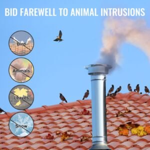 chimney cap, 6 inch, 304 stainless steel round roof rain cap, 11.81 inch increased caps, all weather & reinforced screws & easy installation, for perfect insulation vent cover outside, silver