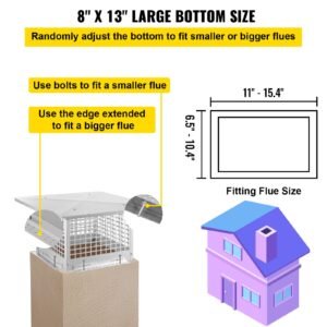 chimney cap, 8" x 13" flue caps, 304 stainless steel fireplace chimney cover, adjustable metal spark arrestor with bolts screws, mesh chimney flue cover for outside existing clay flue tile