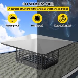 chimney cap, 8" x 13" flue caps, 304 stainless steel fireplace chimney cover, adjustable metal spark arrestor with bolts screws, mesh chimney flue cover for outside existing clay flue tile