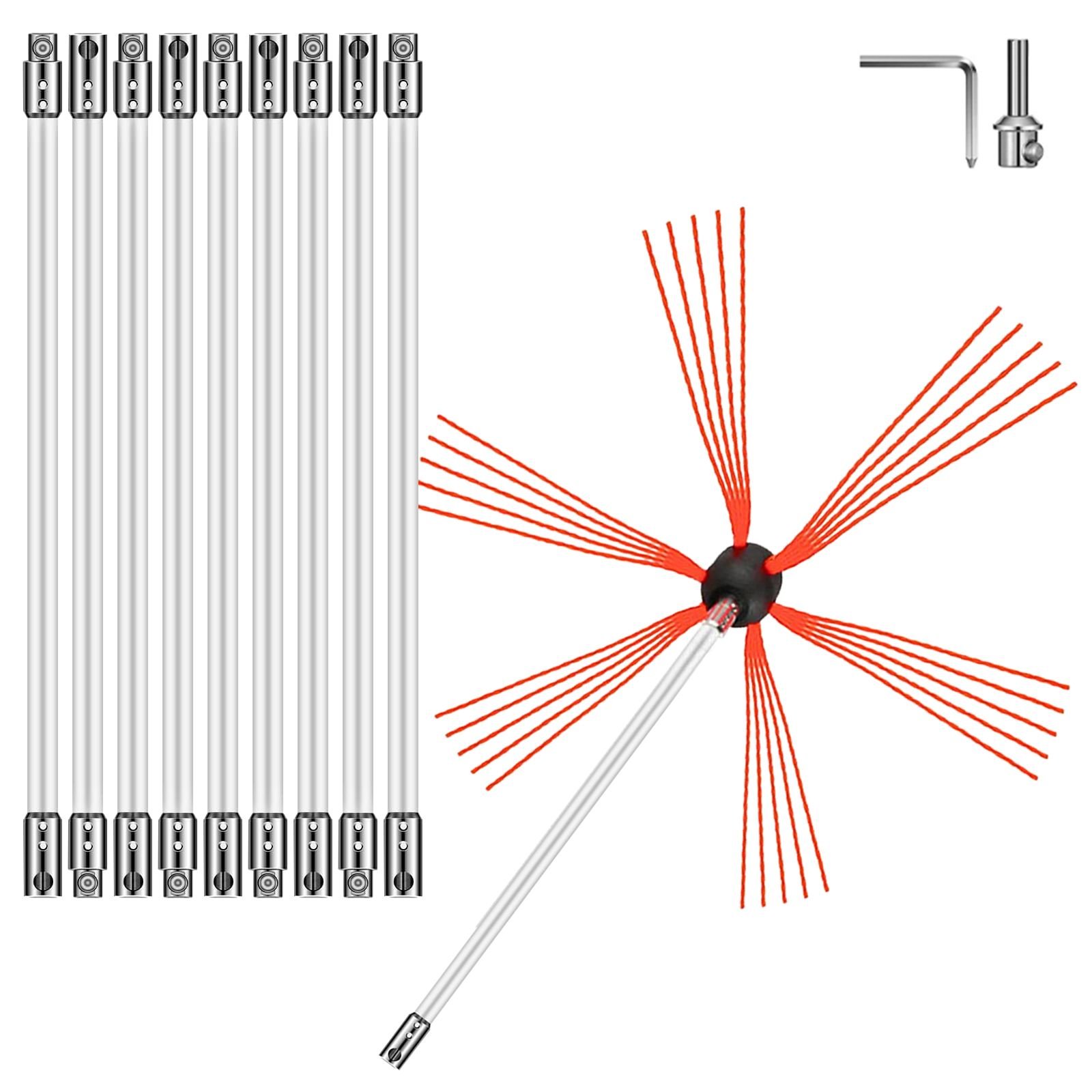 chimney sweep kit 33ft, chimney cleaning tool kits with 10 nylon flexible rods, chimney brush 394 inch for sweeping fireplace
