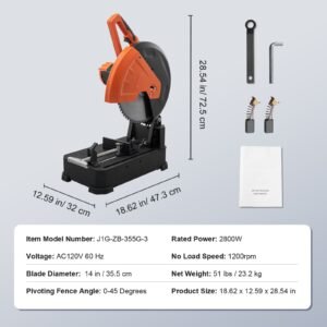 chop saw, 14"/355mm blade diameter cut off saw, 2800w 1200rpm steel cutting machine, 0 45° adjustable dry cut chop saw, miter saw for cutting metal cold cut saw for steel/rebar/iron/aluminum