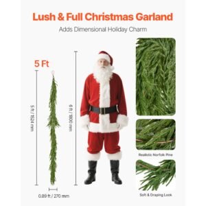 christmas garland, 5 ft realistic norfolk pine garland, evergreen real touch artificial faux greenery garlands, for holiday indoor outdoor xmas decoration on table, mantel, and fireplace