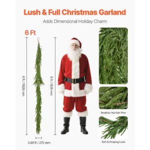 christmas garland, 6 ft realistic norfolk pine garland, evergreen real touch artificial faux greenery garlands, for holiday indoor outdoor xmas decoration on table, mantel, and fireplace