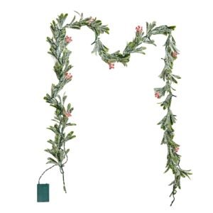 christmas garland, 6.6 ft realistic greenery decorated with vines, olive leaves, and berries, evergreen faux garlands with light string for indoor outdoor xmas decoration on mantel fireplace