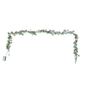 christmas garland, 6.6 ft realistic greenery decorated with vines, olive leaves, and berries, evergreen faux garlands with light string for indoor outdoor xmas decoration on mantel fireplace