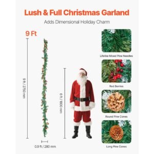 christmas garland, 9 ft artificial christmas garland with light string, faux greenery decoration with berry clusters, pine needles, pine cones, realistic xmas collection for mantel & fireplace