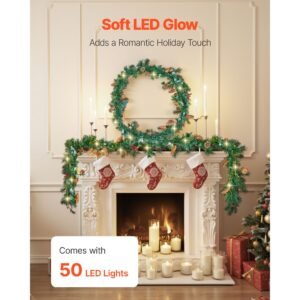 christmas garland, 9 ft artificial christmas garland with light string, faux greenery decoration with berry clusters, pine needles, pine cones, realistic xmas collection for mantel & fireplace