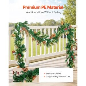 christmas garland, 9 ft artificial christmas garland with light string, faux greenery decoration with berry clusters, pine needles, pine cones, realistic xmas collection for mantel & fireplace