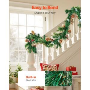 christmas garland, 9 ft artificial christmas garland with light string, faux greenery decoration with berry clusters, pine needles, pine cones, realistic xmas collection for mantel & fireplace