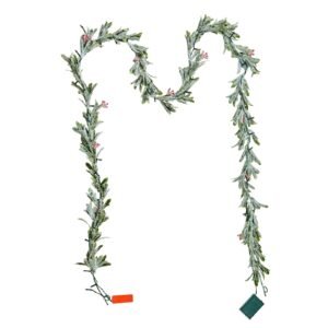 christmas garland, 9 ft realistic greenery decorated with vines, olive leaves, and berries, evergreen faux garlands with light string for indoor outdoor xmas decoration on mantel fireplace