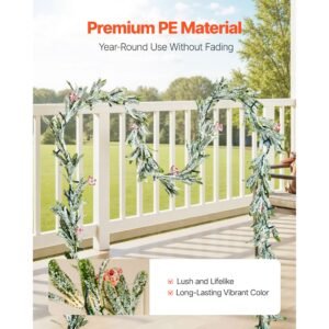 christmas garland, 9 ft realistic greenery decorated with vines, olive leaves, and berries, evergreen faux garlands with light string for indoor outdoor xmas decoration on mantel fireplace