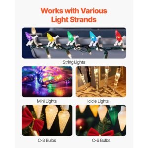christmas light clips, 200 pack, weatherproof holiday outdoor lighting hanging hooks, mount to shingles & gutters, for c3, c4, mini, outside string lights, christmas decoration, no tool required