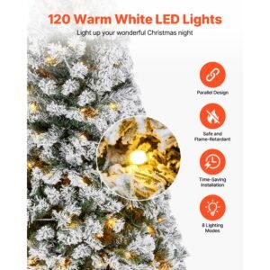 christmas tree, 4ft prelit flocked artificial tree, full holiday xmas deco trees with 120 warm white led lights, 8 lighting modes & 539 branch tips for home party office decoration