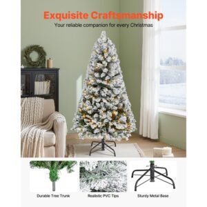 christmas tree, 4ft prelit flocked artificial tree, full holiday xmas deco trees with 120 warm white led lights, 8 lighting modes & 539 branch tips for home party office decoration