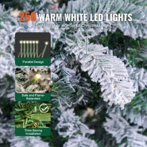 christmas tree, 6.5ft prelit flocked artificial tree, full holiday xmas tree with 250 white led lights, 814 branch tips, metal base for home party office decoration
