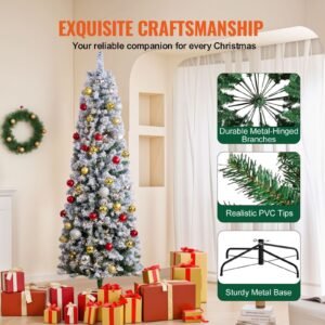 christmas tree, 6.5ft prelit flocked artificial tree, full holiday xmas tree with 250 white led lights, 814 branch tips, metal base for home party office decoration