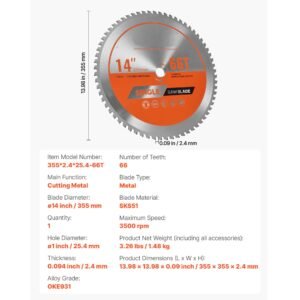 circular saw blade, 14 inch diameter, 66 sharp alloy teeth, 1 inch arbor, fine finish, metal cutting blade for circular saw, with noise reducing heat vents, for cutting steel and aluminum