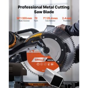 circular saw blade, 14 inch diameter, 72 sharp alloy teeth, 1 inch arbor, fine finish, metal cutting blade for circular saw, with noise reducing heat vents, for cutting steel and aluminum