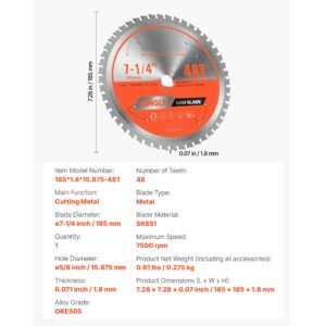 circular saw blade, 7 1/4 inch diameter, 48 sharp alloy teeth, 5/8 inch arbor, fine finish, metal cutting blade for circular saw, with noise reducing heat vents, for cutting steel and aluminum
