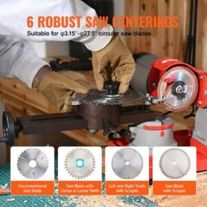 circular saw blade sharpener, 370w 3600rpm rotary angle mill grinder, saw blade grinding sharpening machine with 6 saw centerings, 5 inch grinding wheel for carbide tipped saw blades