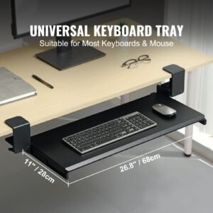 clamp on keyboard tray under desk, desk keyboard tray slide out with sturdy no drill c clamp mount, large 26.8 x 11 inch slide out computer drawer for typing in home, office work