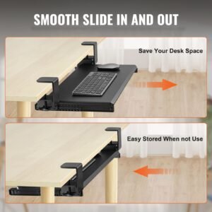 clamp on keyboard tray under desk, desk keyboard tray slide out with sturdy no drill c clamp mount, large 26.8 x 11 inch slide out computer drawer for typing in home, office work