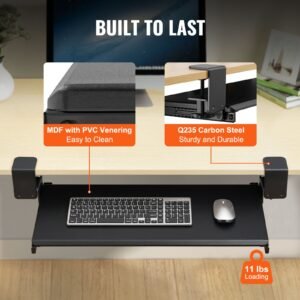 clamp on keyboard tray under desk, desk keyboard tray slide out with sturdy no drill c clamp mount, large 26.8 x 11 inch slide out computer drawer for typing in home, office work
