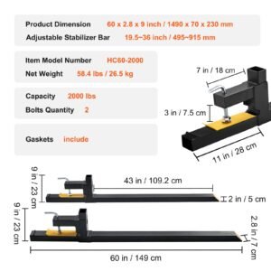 clamp on pallet forks, 2000 lbs capacity pallet forks, 60" tractor bucket forks, heavy duty front loader attachment for loader bucket, tractor, skid steer, tractor forks for agriculture and farm