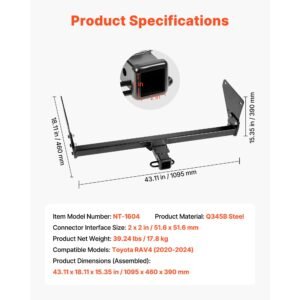class 3 trailer hitch, 2 inch receiver, 6000 lbs, q345b steel tube frame, compatible with 2020 2024 toyota rav4, multi fit hitch to receive ball mount, cargo carrier, bike rack, tow hook, black
