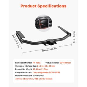class 3 trailer hitch, 2 inch receiver, compatible with 2014 2019 toyota highlander, q345b steel tube frame, multi fit hitch to receive ball mount, cargo carrier, bike rack, and tow hook, black