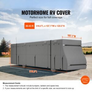 class a rv cover, 40 43 ft motorhome cover, non woven fabric motorhome rv cover, waterproof, windproof and rip stop, camper cover with storage bag, repair patches, straps and tire covers