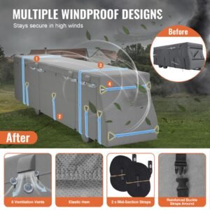 class a rv cover, 40 43 ft motorhome cover, non woven fabric motorhome rv cover, waterproof, windproof and rip stop, camper cover with storage bag, repair patches, straps and tire covers