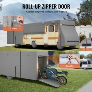 class a rv cover, 40 43 ft motorhome cover, non woven fabric motorhome rv cover, waterproof, windproof and rip stop, camper cover with storage bag, repair patches, straps and tire covers