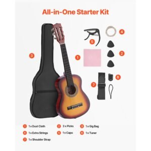 classical guitar, 30 inch, wood classical guitar starter kit for beginners, with nylon strings, gig bag, strap, tuner, extra strings, pick, capo, basswood, for kids girls boys students, sunburst