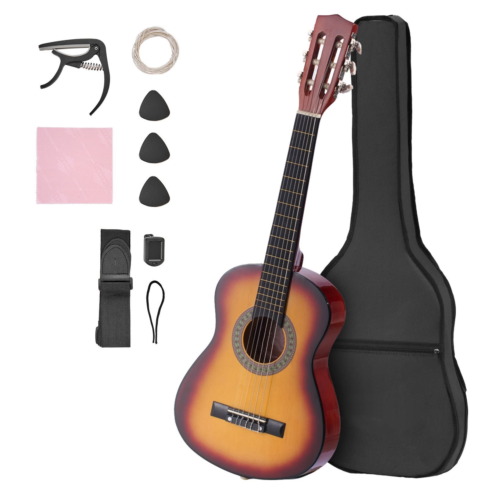 classical guitar, 30 inch, wood classical guitar starter kit for beginners, with nylon strings, gig bag, strap, tuner, extra strings, pick, capo, basswood, for kids girls boys students, sunburst