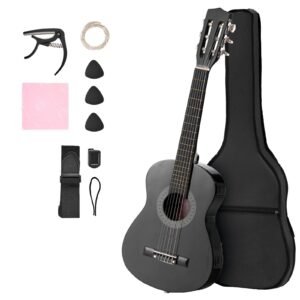 Classical Guitar, 30 Inch, Wood Classical Guitar Starter Kit for Beginners, with Nylon Strings, Gig Bag, Strap, Tuner, Extra Strings, Picks, Capo, Basswood, for Kids Girls Boys Students, Black