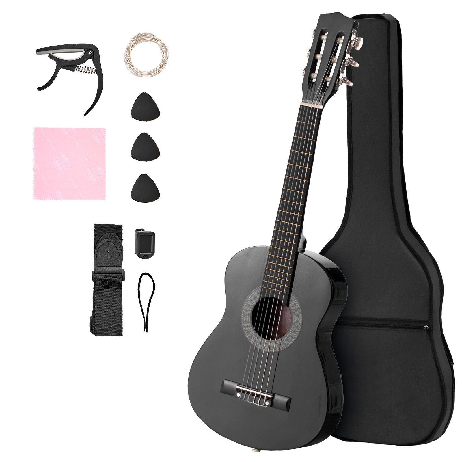 classical guitar, 30 inch, wood classical guitar starter kit for beginners, with nylon strings, gig bag, strap, tuner, extra strings, picks, capo, basswood, for kids girls boys students, black