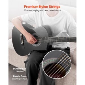 classical guitar, 30 inch, wood classical guitar starter kit for beginners, with nylon strings, gig bag, strap, tuner, extra strings, picks, capo, basswood, for kids girls boys students, black