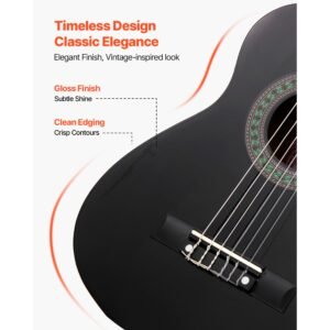 classical guitar, 30 inch, wood classical guitar starter kit for beginners, with nylon strings, gig bag, strap, tuner, extra strings, picks, capo, basswood, for kids girls boys students, black