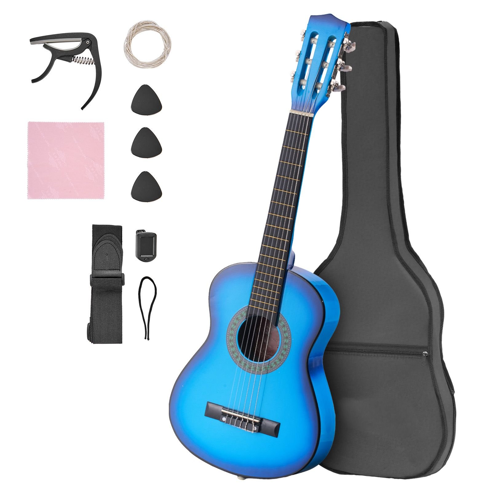 classical guitar, 30 inch, wood classical guitar starter kit for beginners, with nylon strings, gig bag, strap, tuner, extra strings, picks, capo, basswood, for kids girls boys students, blue